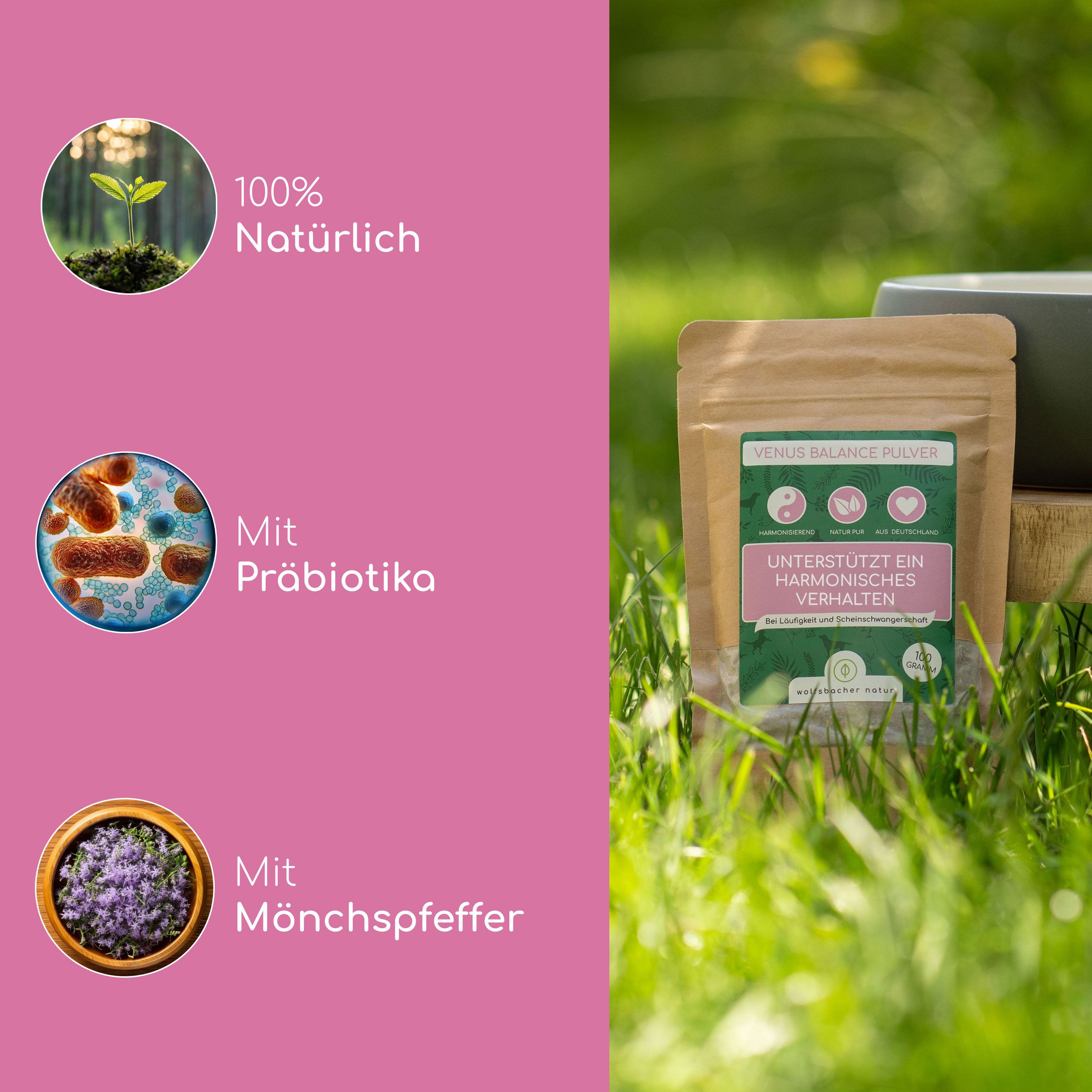 Rosa Hintergrund mit Text und Bildern. Text: 100% natürlich, mit Probiotika, mit Mönchspfeffer. Beutel mit Pulver.