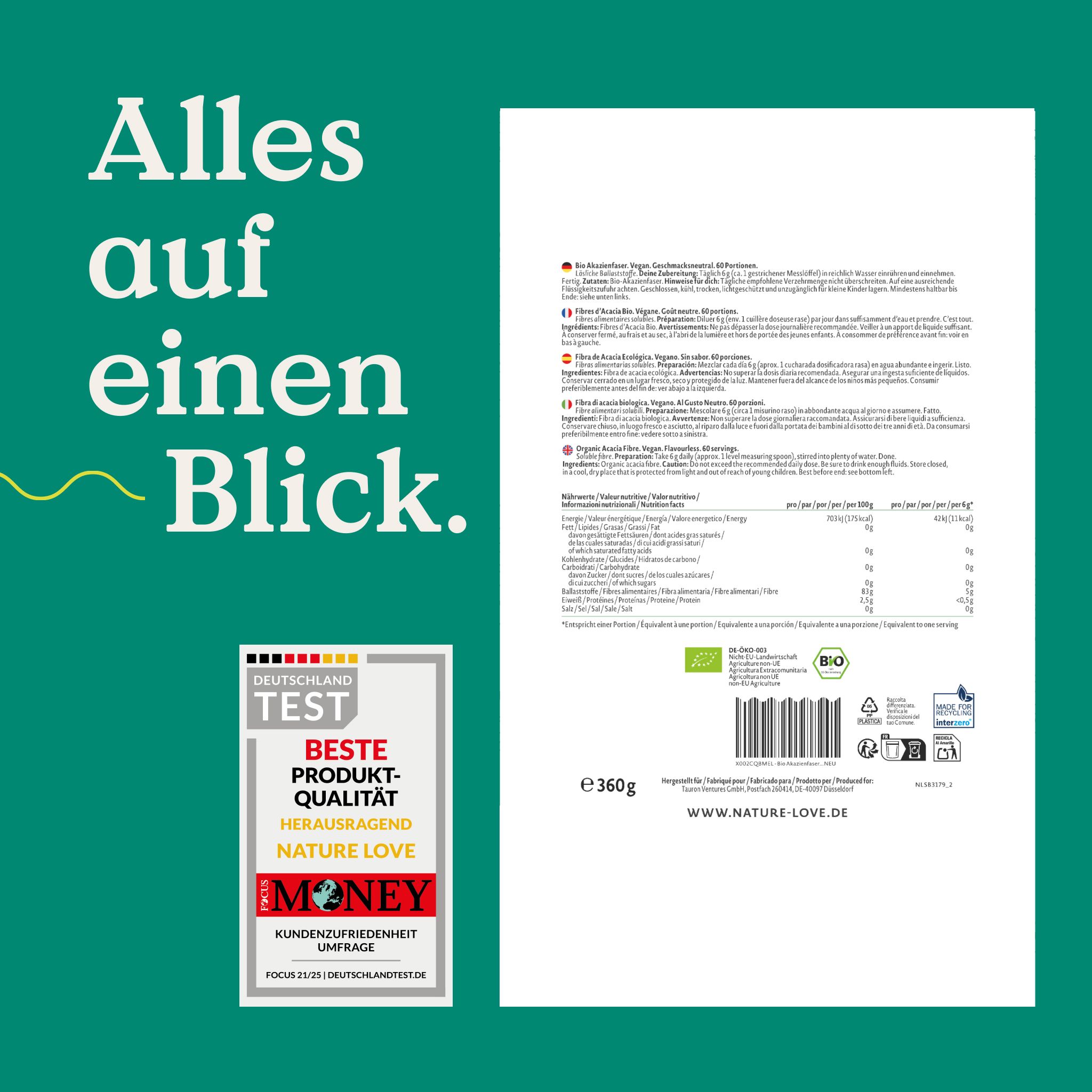 Rückseite NATURE LOVE Bio Akazienfaser 360g. Mit Siegel 'Beste Produkt-Qualität'.