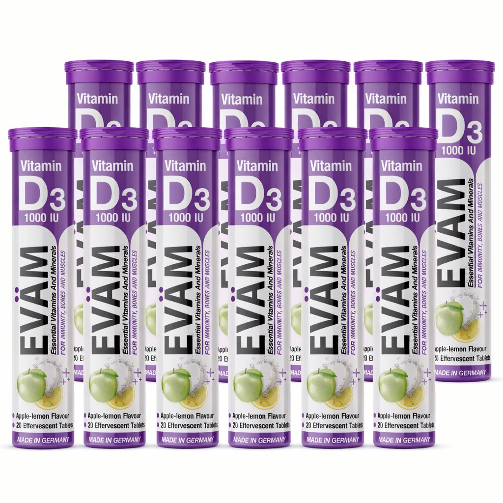 Mehrere Tuben EVÄM Vitamin D3, 1000 IU. Jede Tube enthält 20 Brausetabletten mit Apfel-Zitronen-Geschmack. Verpackung mit lila Deckel.