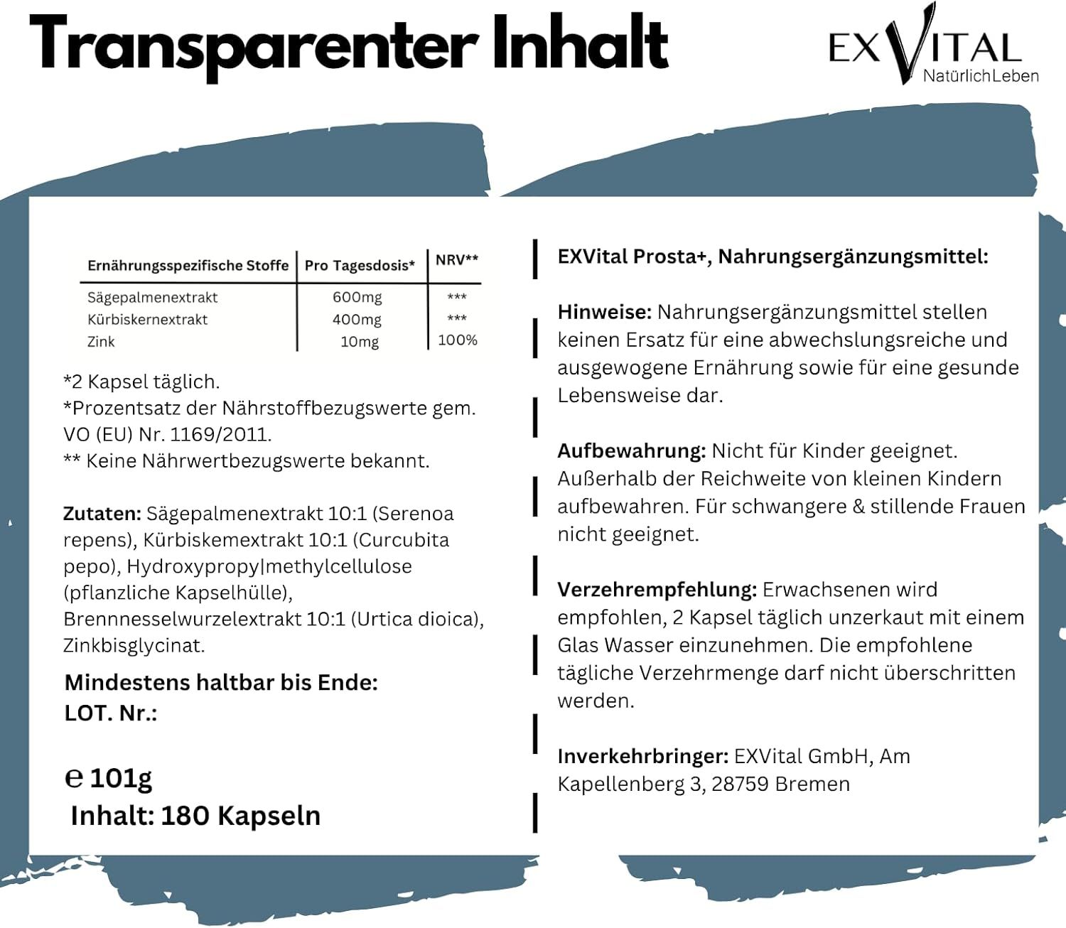 EXVital® Prosta+ Kapseln mit Sägepalmen-, Kürbiskernextrakt & Zink