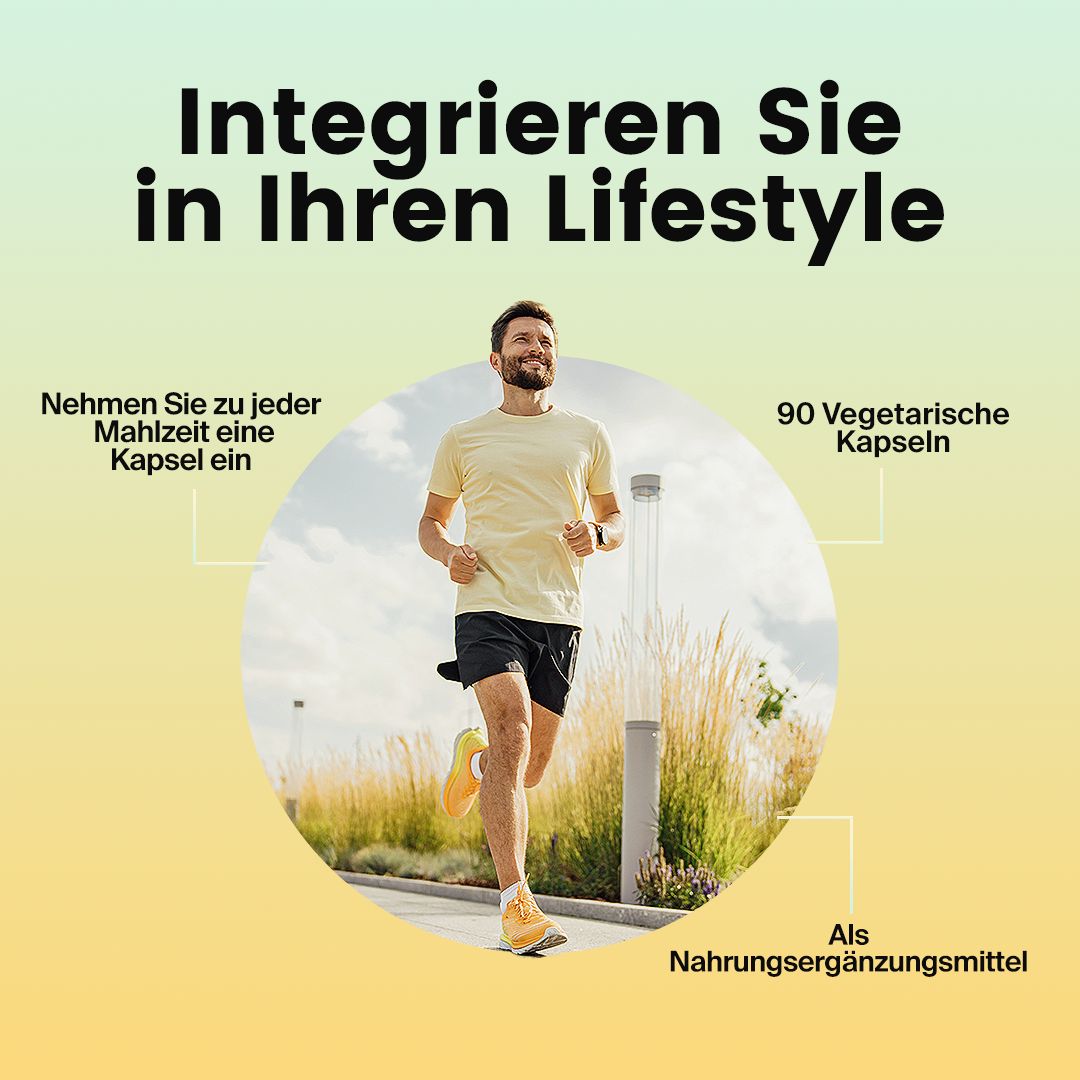 Mann läuft. Text: Integrieren Sie in Ihren Lifestyle. 90 vegetarische Kapseln. Als Nahrungsergänzungsmittel. Nehmen Sie zu jeder Mahlzeit eine Kapsel ein.