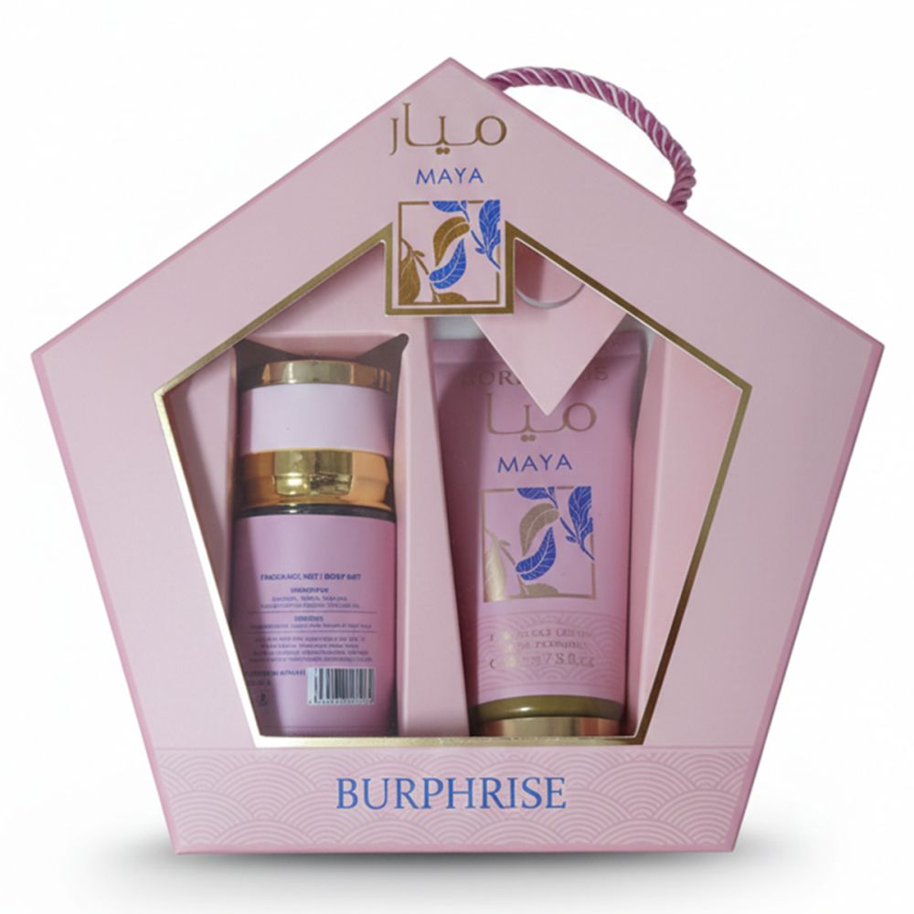 Geschenkset in rosa Verpackung. Enthält eine Flasche und eine Tube. Goldfarbene Akzente. Aufschrift: Burphrise, Maya.
