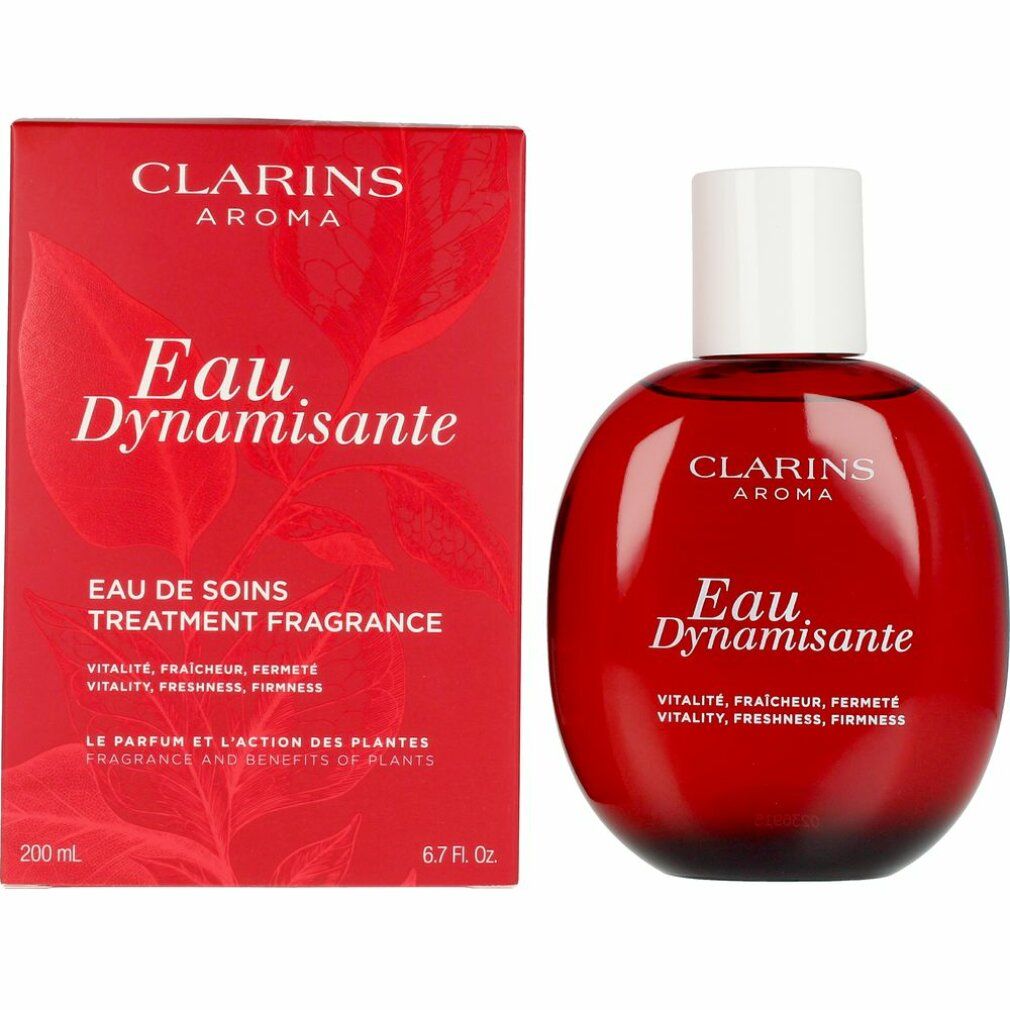 Rote Flasche und Verpackung. Aufschrift: Clarins Aroma, Eau Dynamisante, Eau de Soins.