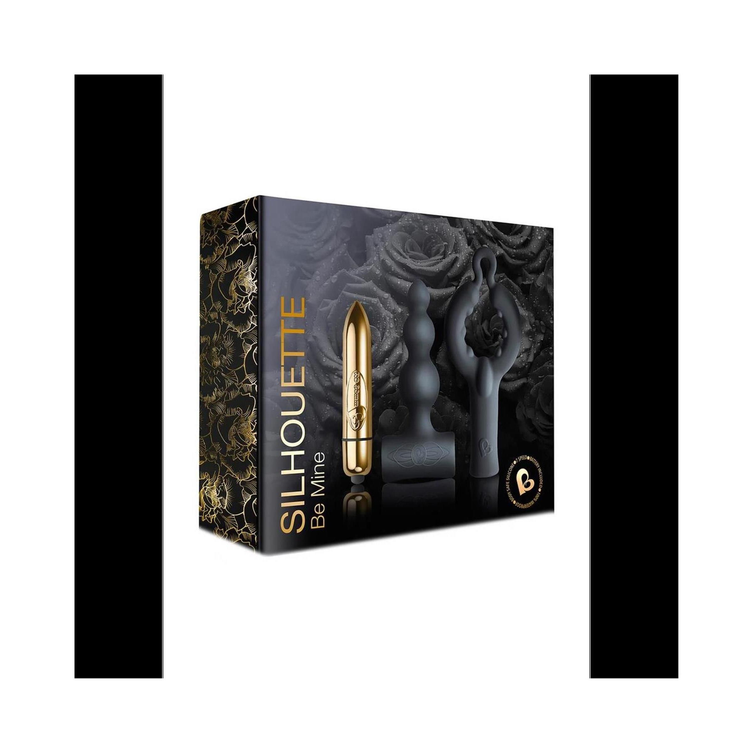 Verpackung mit Produktabbildungen. Aufschrift "SILHOUETTE Be Mine". Goldene und schwarze Elemente.
