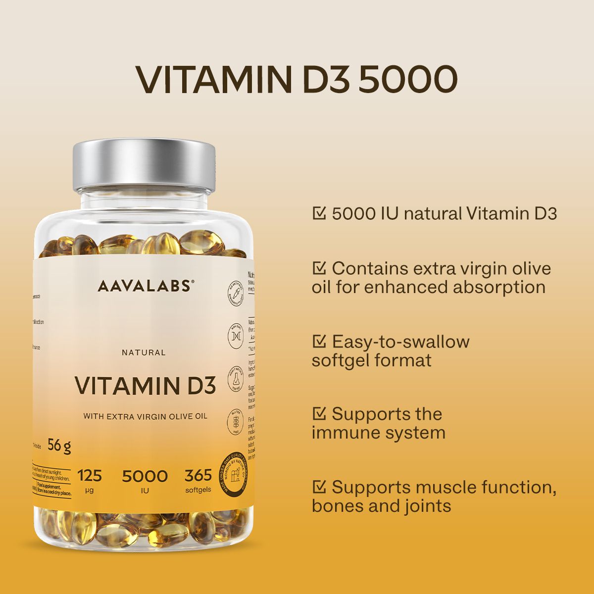 Flasche mit Vitamin D3-Kapseln. Text: Vitamin D3 5000, 5000 IE, mit Olivenöl, leicht zu schlucken.
