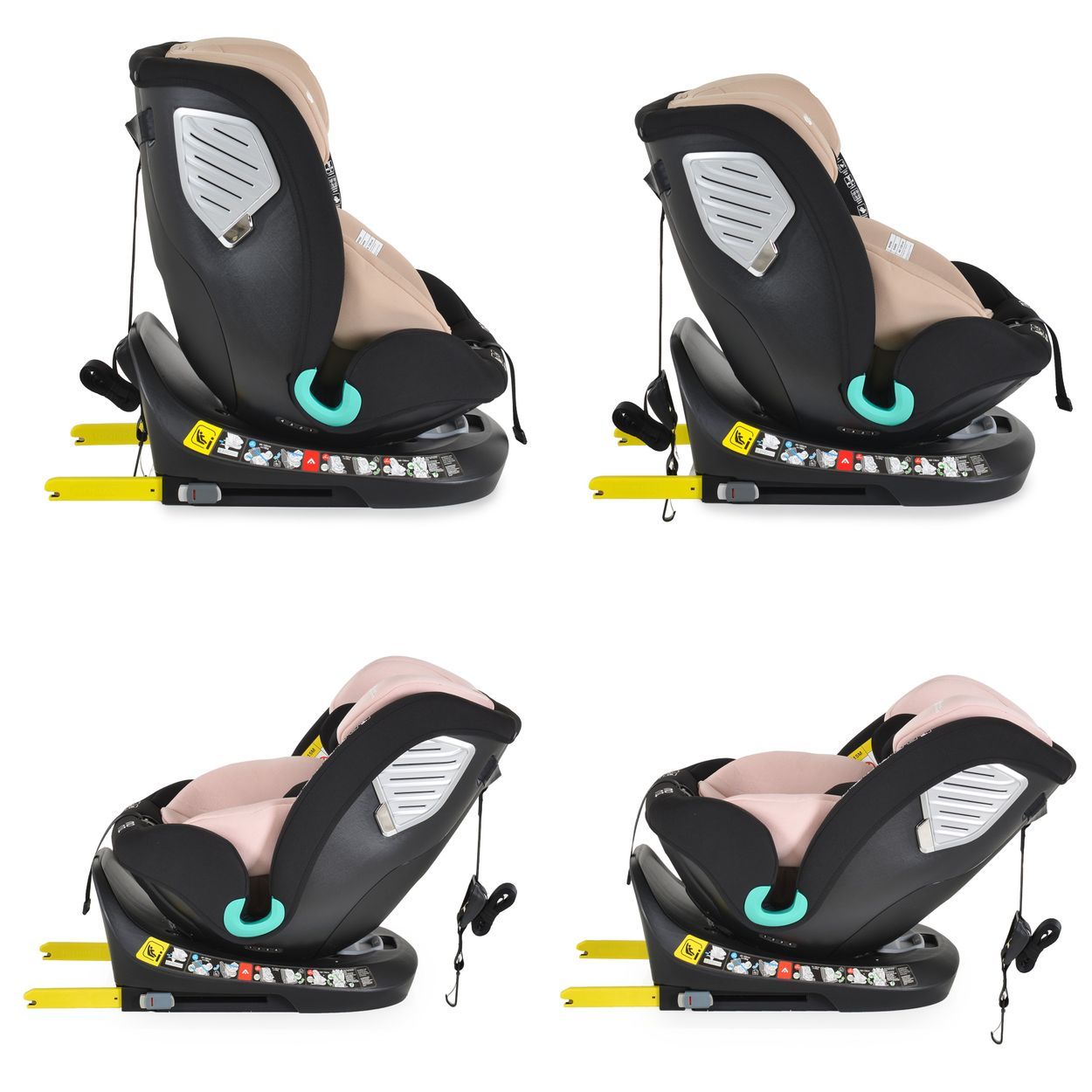 Baby-Autositz mit verstellbarer Kopfstütze und Gurten, verschiedene Ansichten.