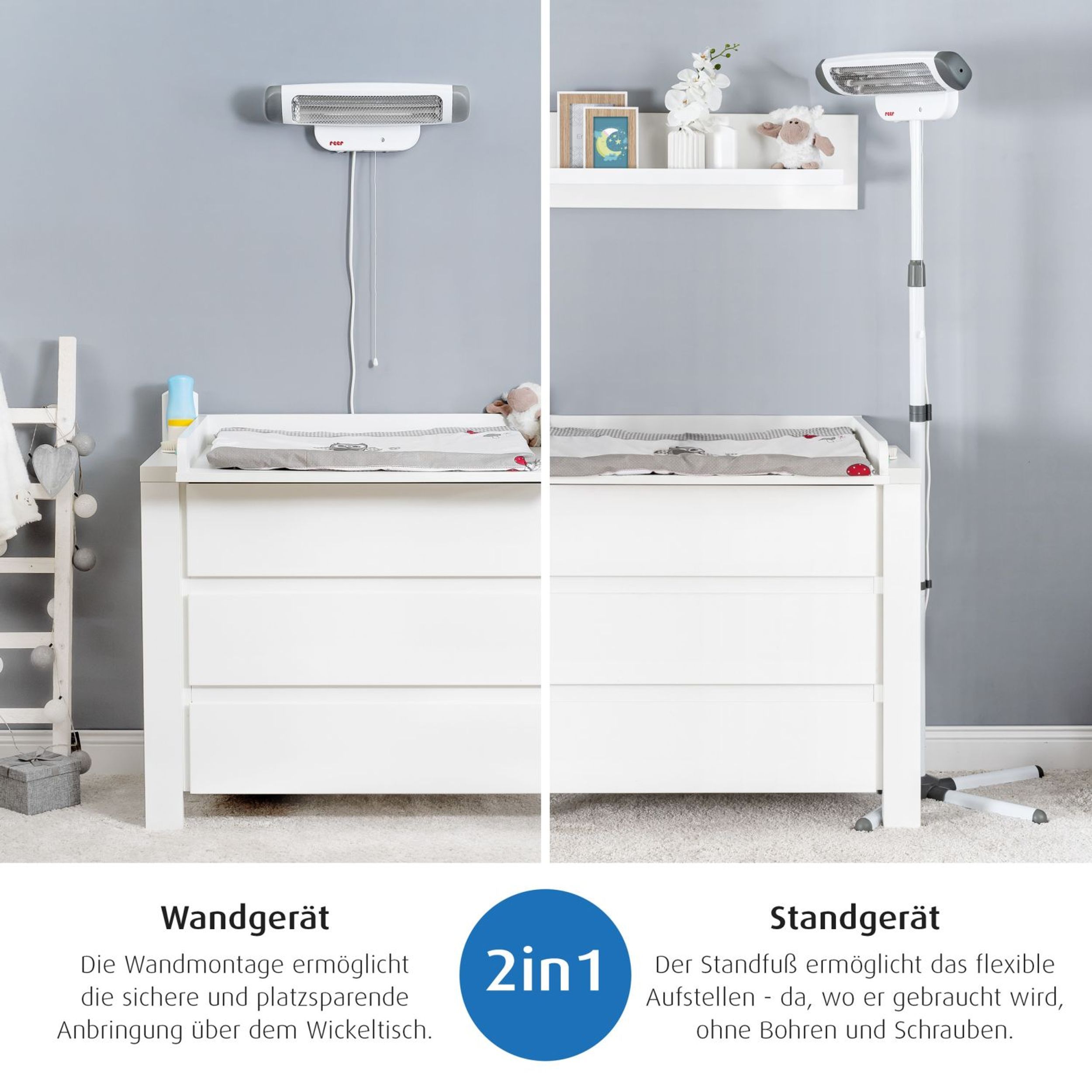 Vergleich von Wand- und Standmontage eines Heizstrahlers über einer Wickelkommode.