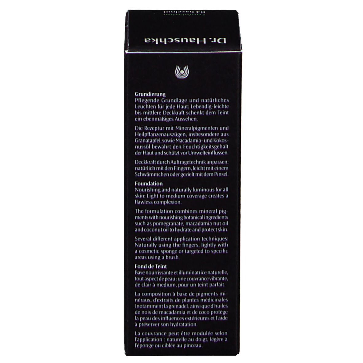 Schwarze Schachtel mit Text in Deutsch und Französisch. Produktbeschreibung, Inhaltsstoffe und Anwendungshinweise.