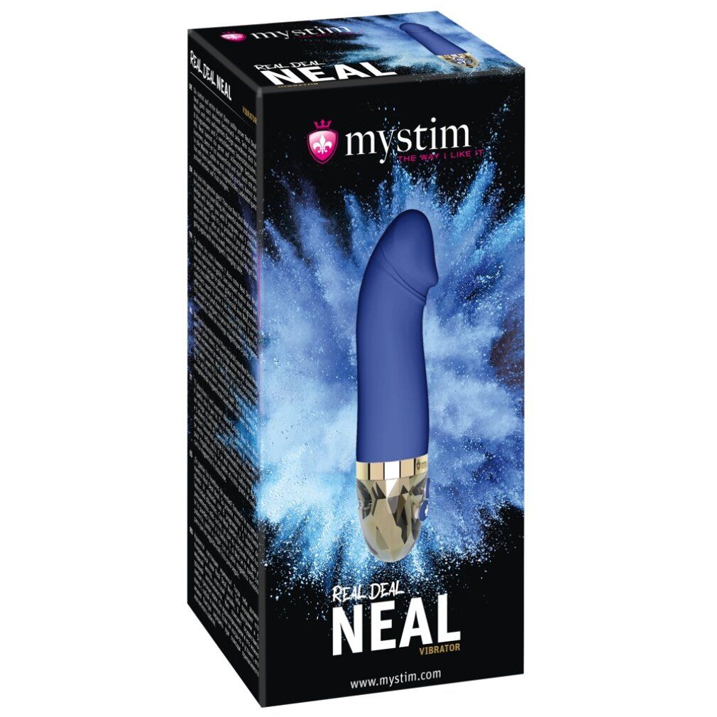 Verpackung. Blauer Vibrator. Marke: Mystim. Produktname: Real Deal Neal Vibrator.