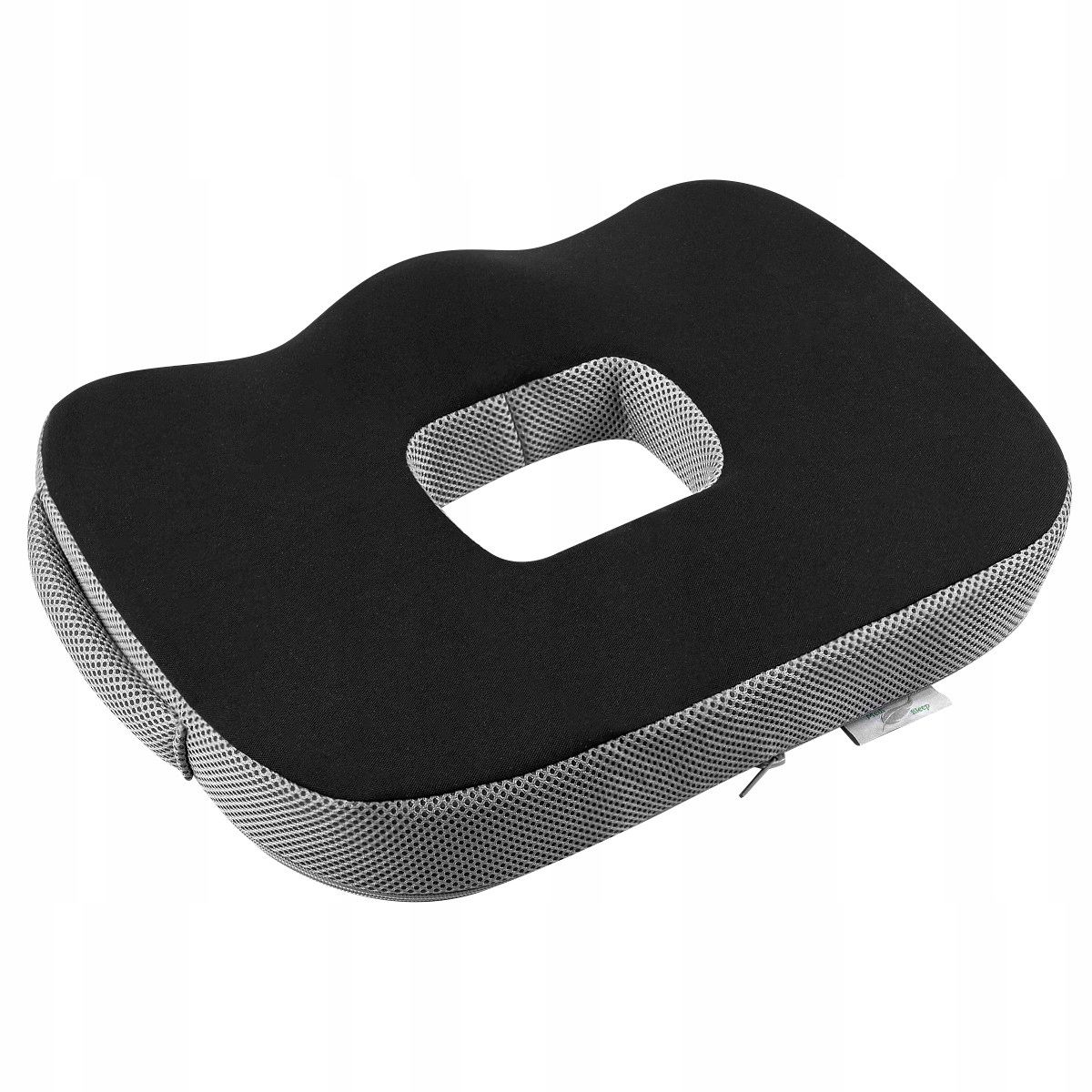 Ergonomisches Sitzkissen mit Aussparung in der Mitte, schwarz mit grauem Netzstoffrand.