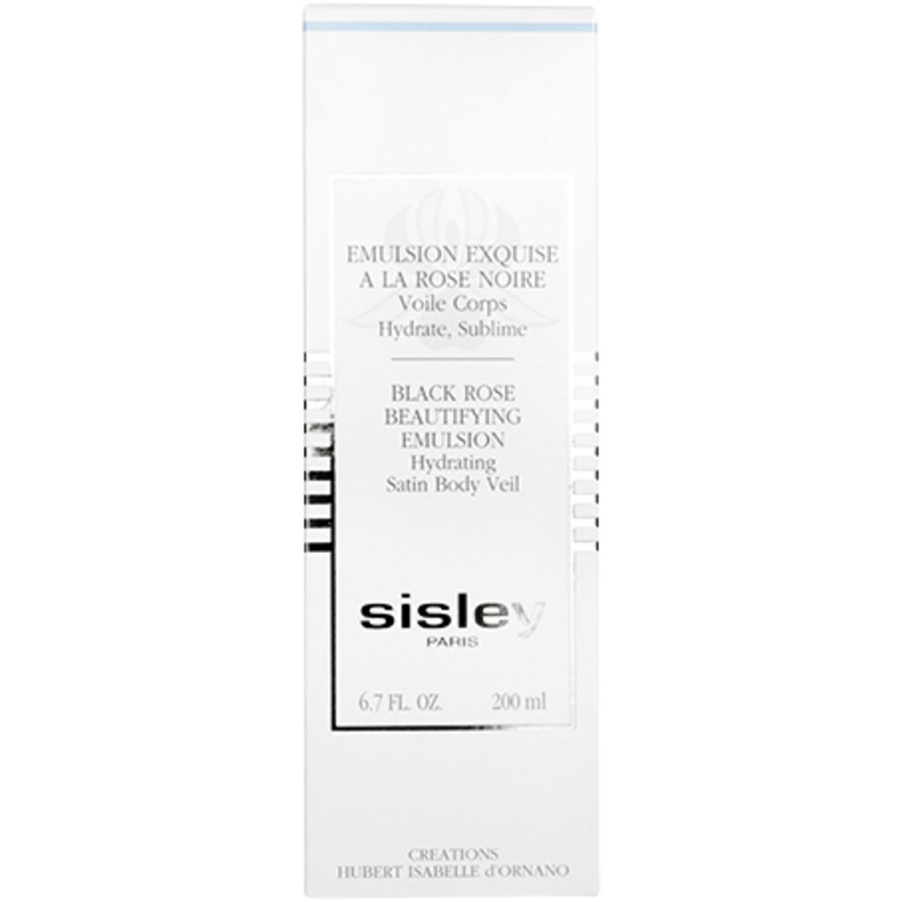 Weiße Schachtel. Aufschrift: Émulsion Exquise à la Rose Noire, Black Rose, Sisley. 200 ml, 6.7 fl. oz.