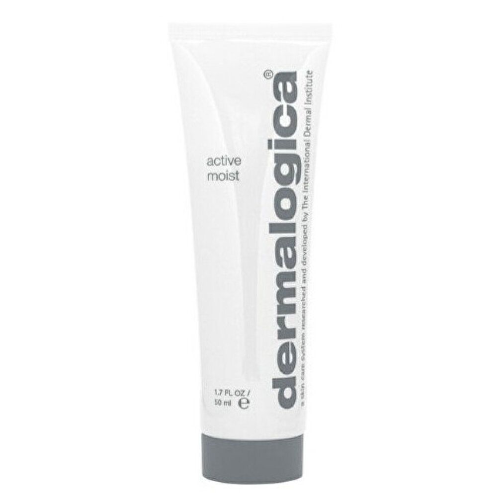 Weiße Tube mit schwarzem Deckel. Aufschrift "active moist" und "dermalogica". 1.7 US FL OZ / 50 ml.