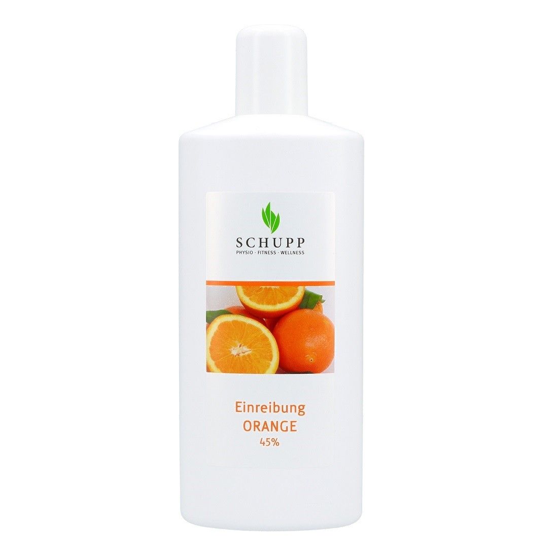Weiße Flasche mit Etikett. Auf dem Etikett: Logo, Orangen-Abbildung, Schriftzug "Einreibung ORANGE 45%".