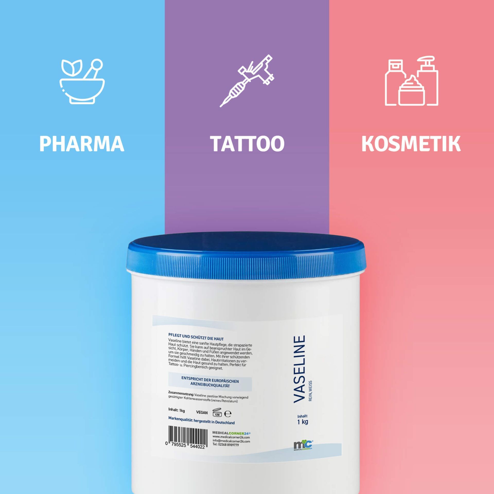 Weißer Eimer mit blauem Deckel. Aufschrift: Vaseline. Hintergrund mit Pharma-, Tattoo- und Kosmetik-Symbolen.