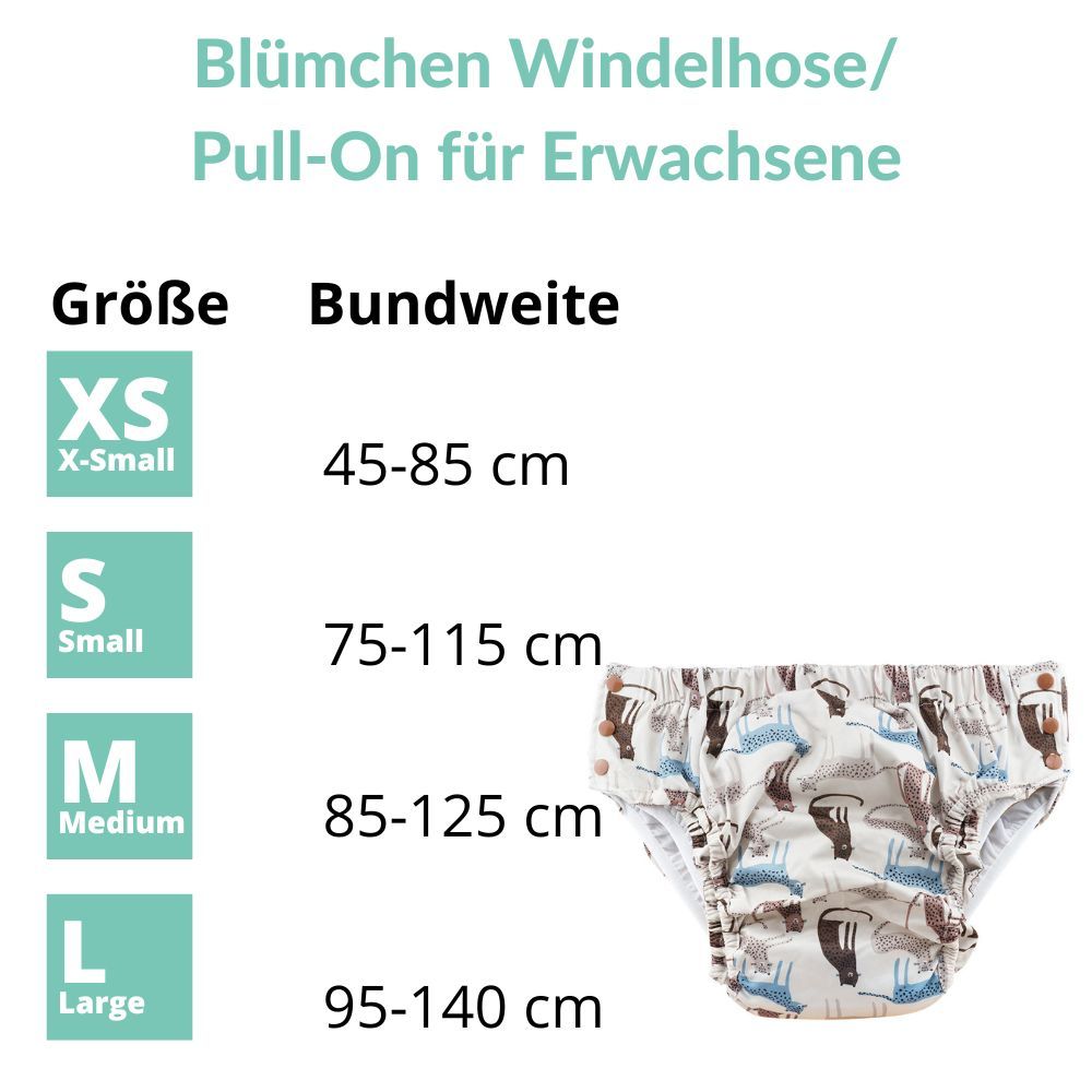 Größentabelle für waschbare Inkontinenzhosen: XS bis L, Bundweite 45-140 cm.
