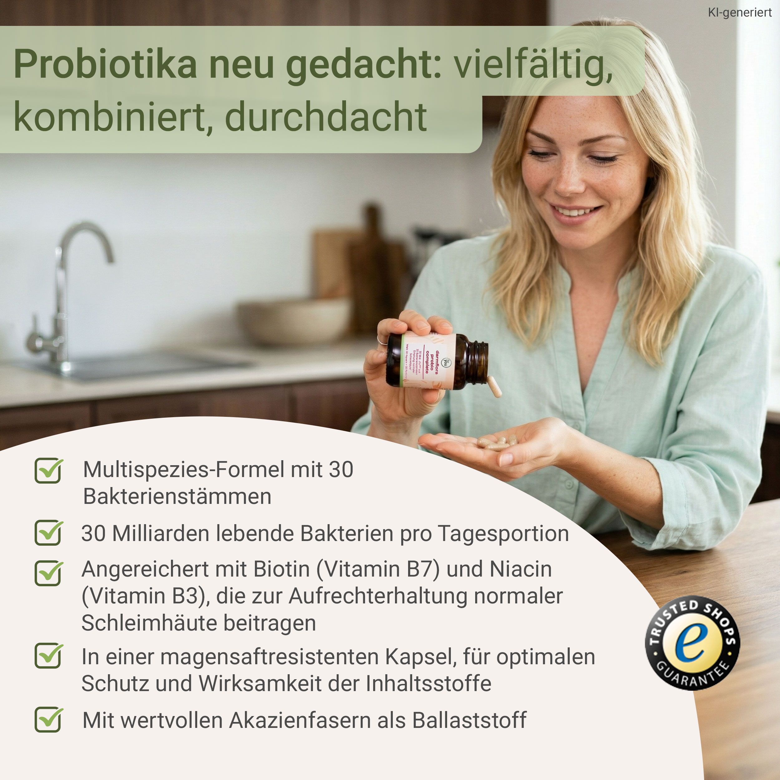 Frau hält eine Flasche Probiotika-Kapseln und eine Kapsel in der Hand. Liste mit Produktmerkmalen.
