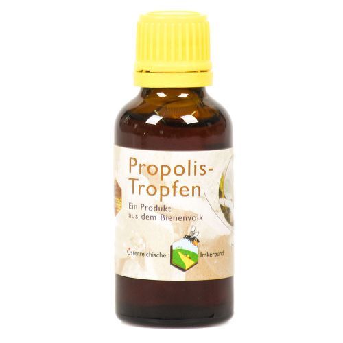 Kartonverpackung mit "Propolis-Tropfen". Bio-Siegel und Text. Abbildung einer Blüte mit Biene.