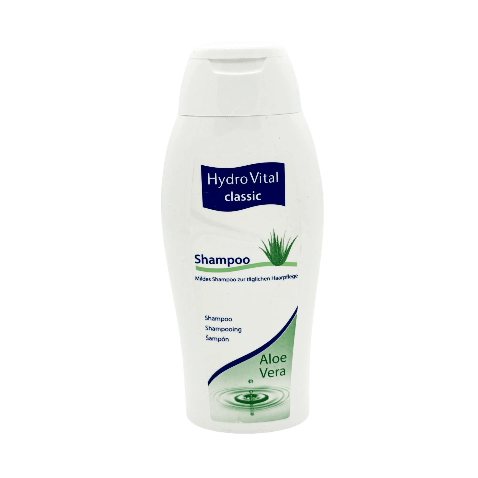 Weiße Shampoo-Flasche mit blauem Etikett. Aufschrift: Hydro Vital classic, Shampoo, Aloe Vera. Grün-weiße Grafik.