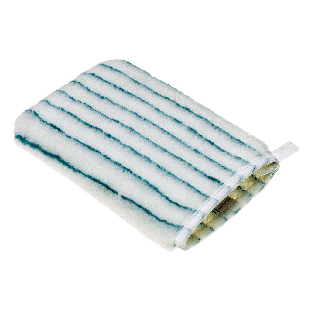 Mikrofaser-Handschuh mit weißen und blauen Streifen. Mit Schlaufe. Für die Reinigung.