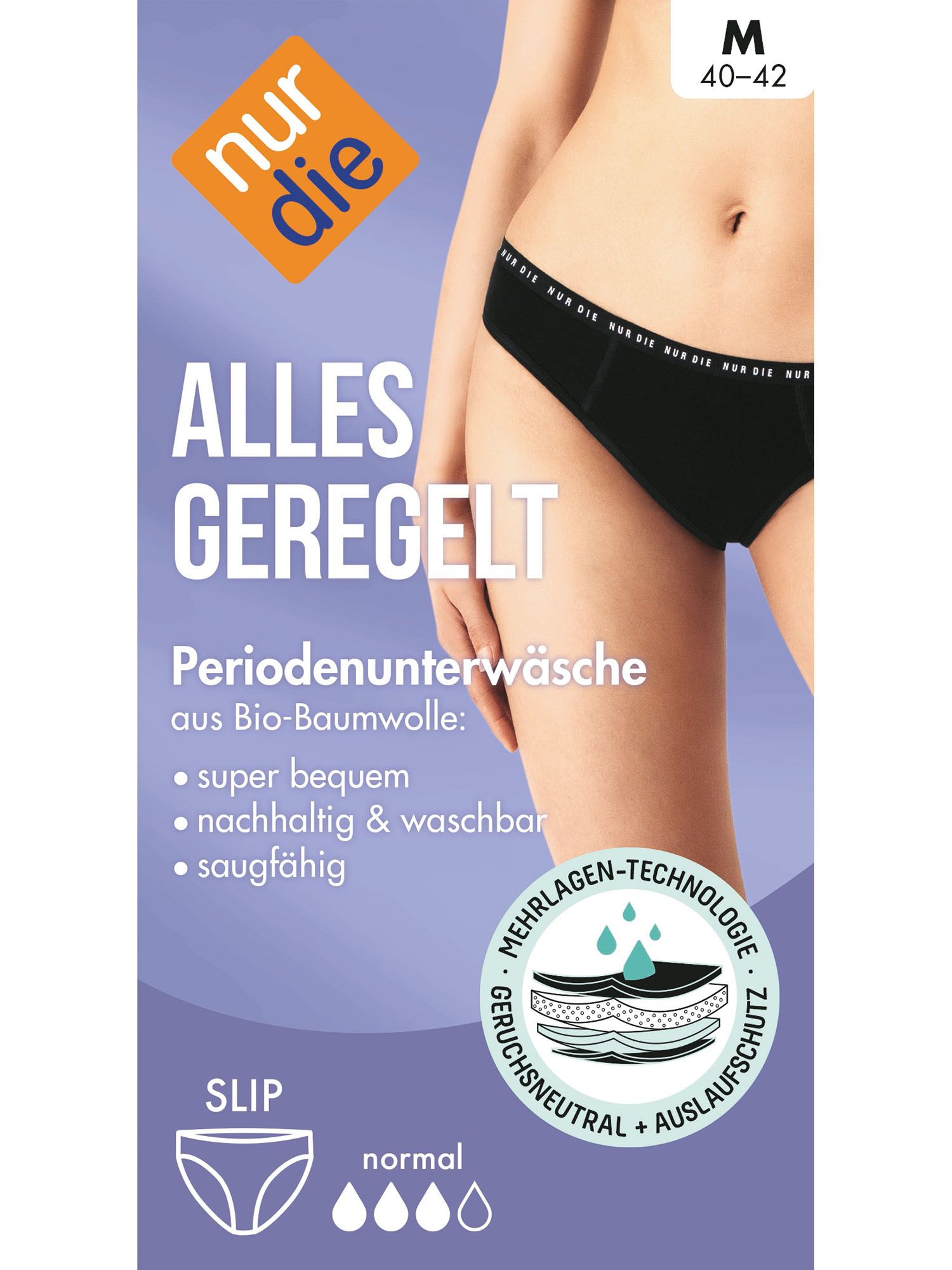 Schwarzer Slip mit Logo-Bund. Text: Alles Geregelt. Periodenunterwäsche aus Bio-Baumwolle. Größe M 40-42. Mehrlagen-Technologie, geruchsneutral, auslaufsicher.