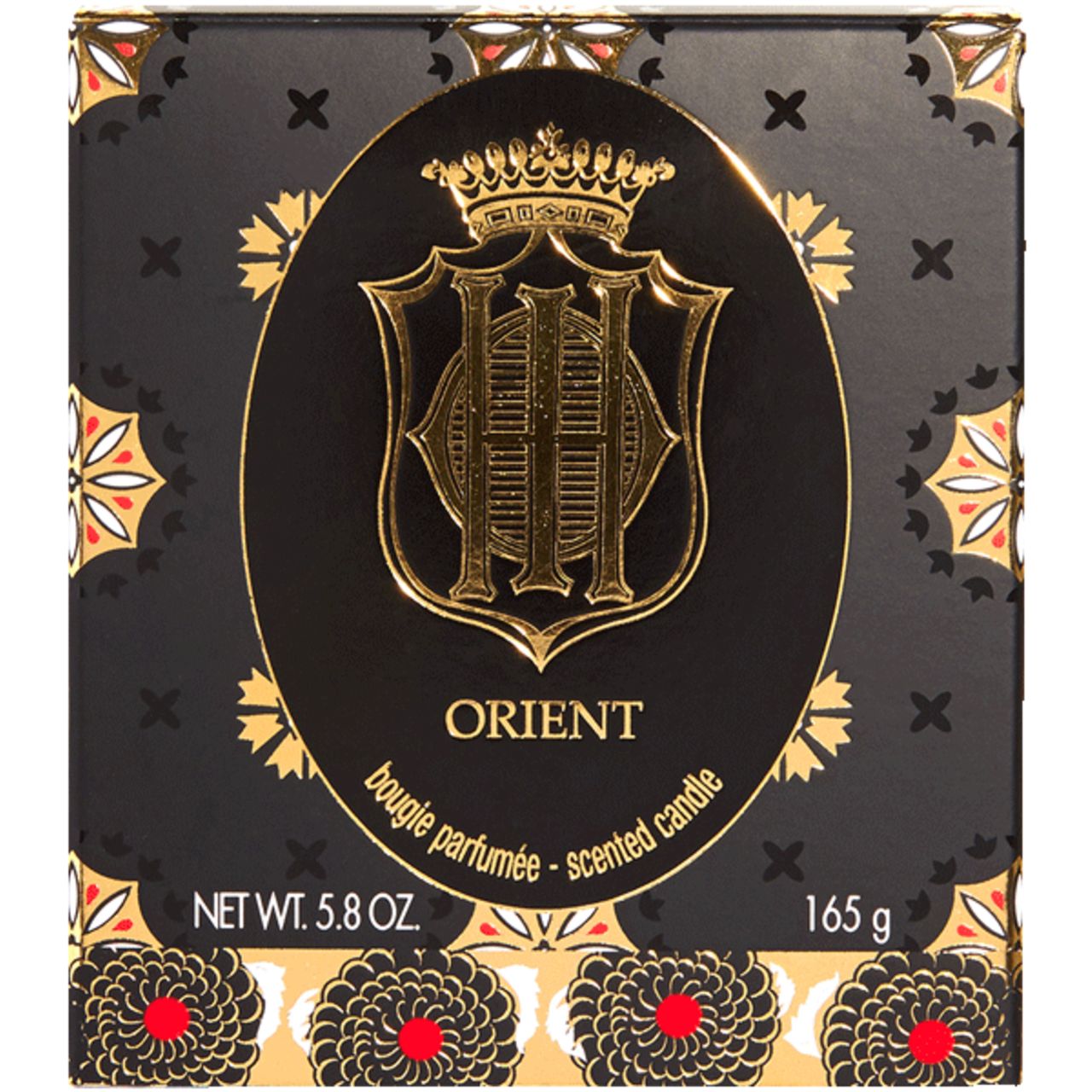 Schwarze Schachtel mit goldenem Logo. Aufschrift: Orient, Bougie parfumée, 165 g.