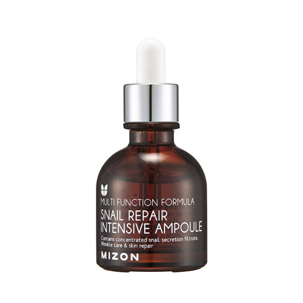 Braune Glasflasche mit Pipette. Aufschrift: Snail Repair Intensive Ampoule. Marke: MIZON.