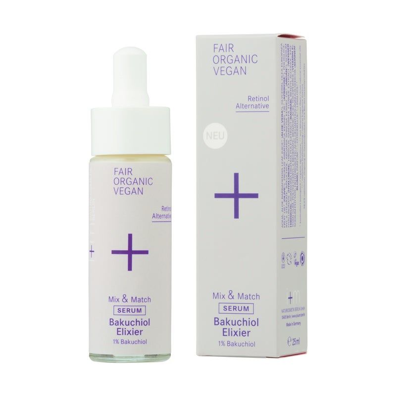 Serumflasche und Verpackung. Aufschrift: FAIR ORGANIC VEGAN, Mix & Match Serum Bakuchiol Elixier, 1% Bakuchiol. Mit Plus-Symbol.