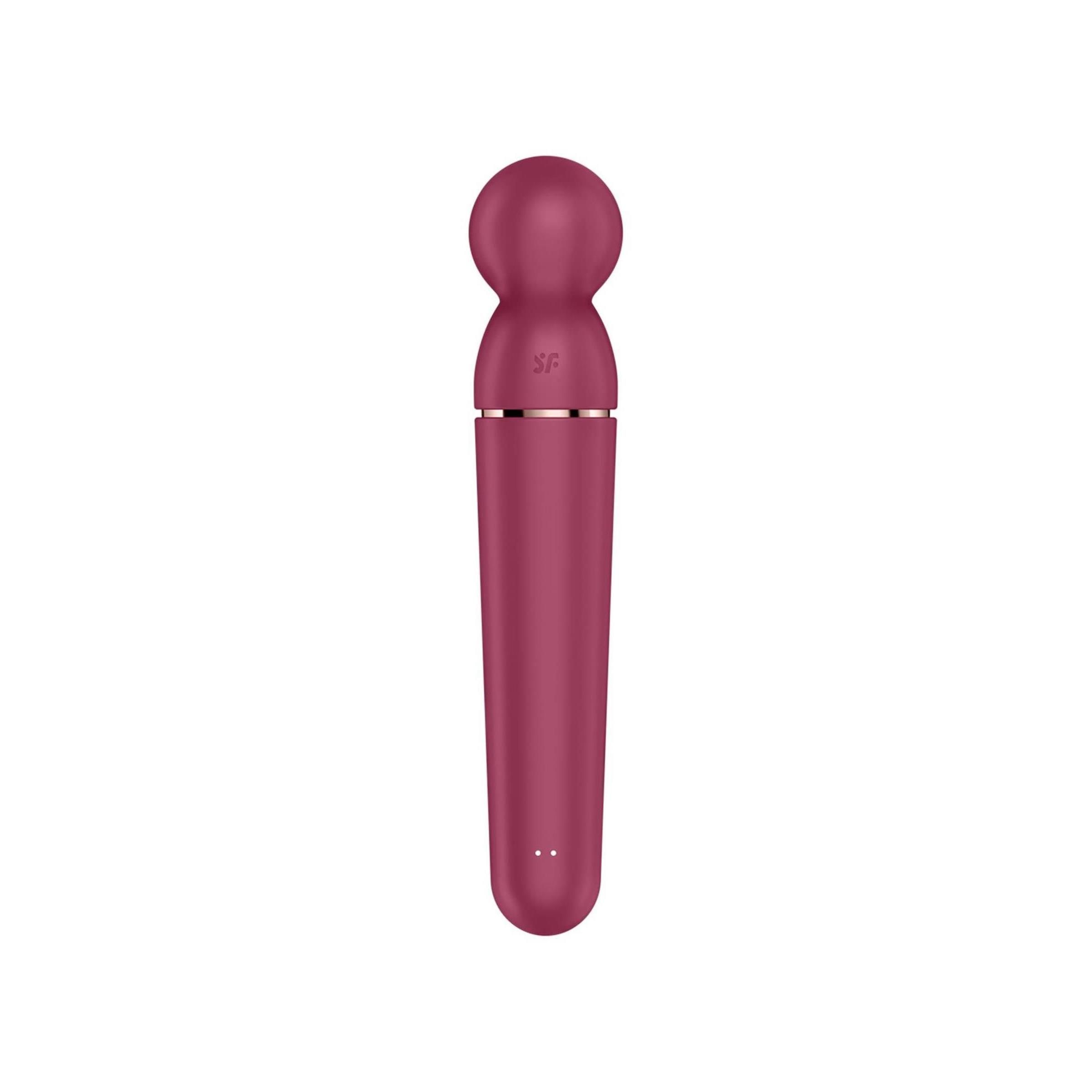 Bordeauxfarbener Vibrator mit rundem Kopf und zylindrischem Schaft. Silberfarbener Ring am Übergang. Zwei Knöpfe.