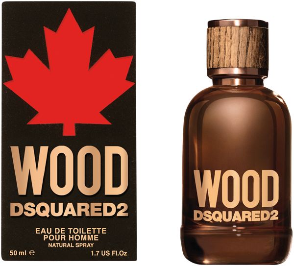 Braune Flasche und Verpackung. Aufschrift WOOD DSQUARED2. Roter Ahornblatt-Aufdruck. Eau de Toilette für Herren.
