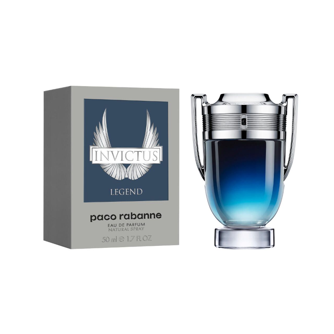Parfümflakon und Verpackung. Flakon mit silbernen Details und blauem Farbverlauf. Verpackung mit Logo und Schriftzug.