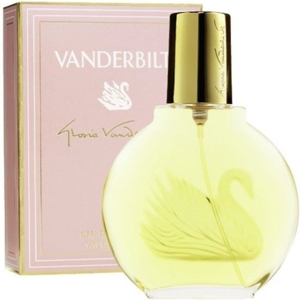 Runder Flakon mit goldfarbenem Verschluss und rosa Schachtel. Auf der Schachtel steht "Vanderbilt".