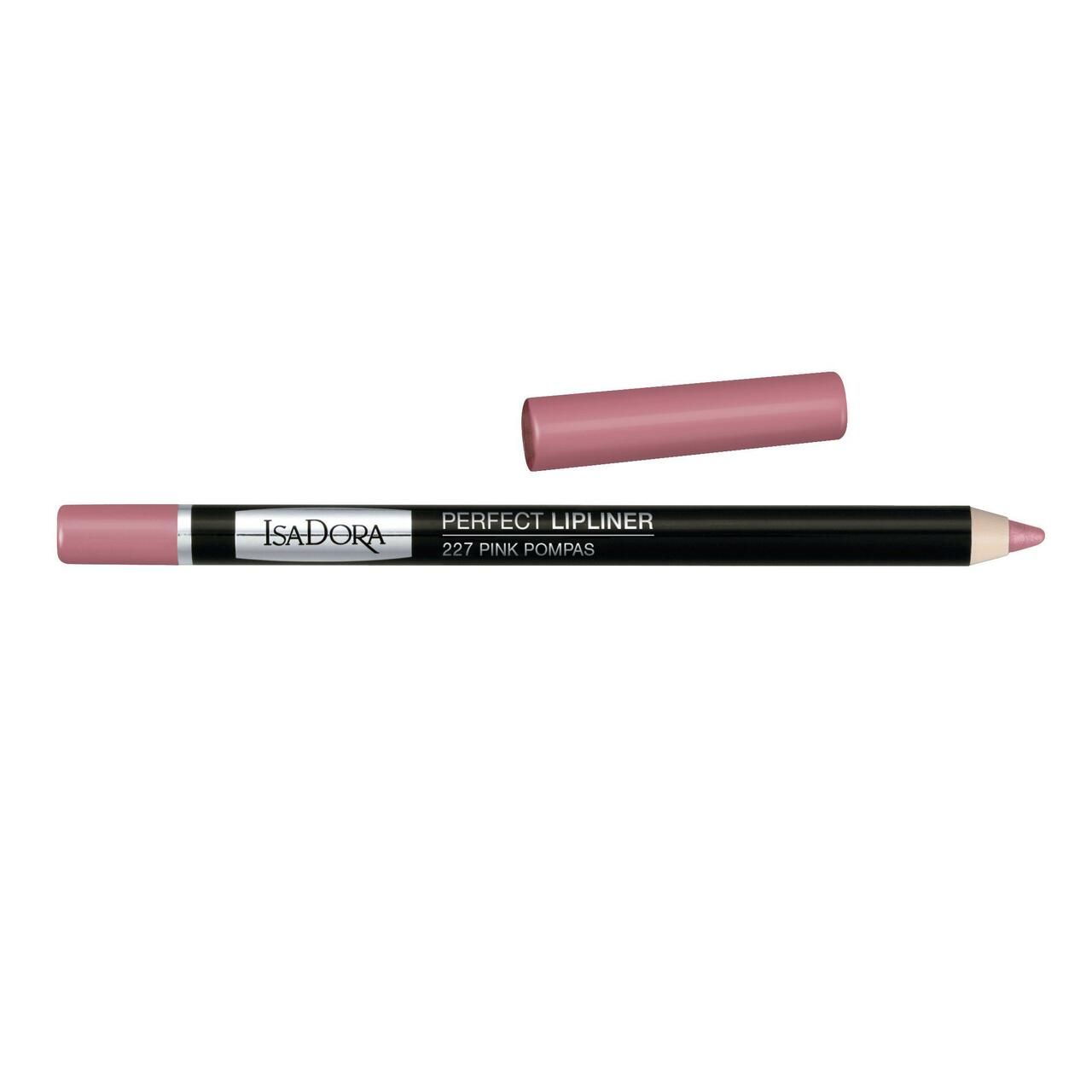Lippenstift von IsaDora, Perfect Lipliner, Farbe Pink Pompas. Schwarzer Stift mit rosa Spitze und Kappe.