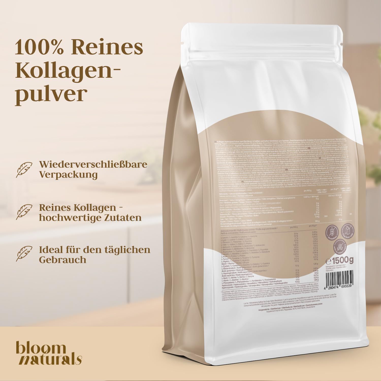 Rückansicht des Beutels mit Kollagen Pulver. Text: 100% Reines Kollagenpulver, wiederverschließbare Verpackung, 1500g.