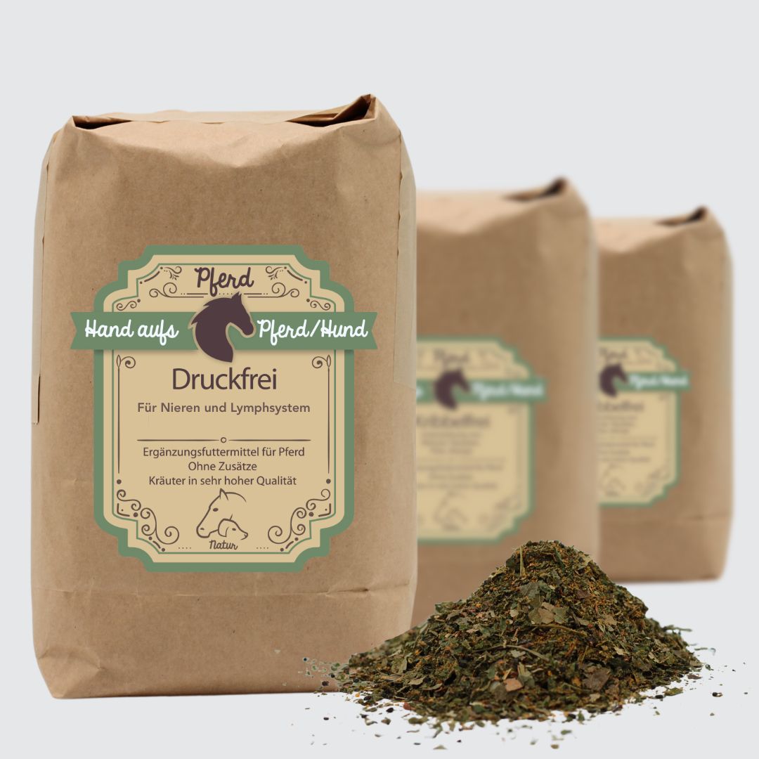 Drei braune Papiertüten mit Produktetikett und Kräutermischung. Text: Druckfrei, für Nieren und Lymphsystem. Ohne Zusätze. Kräuter in sehr hoher Qualität.