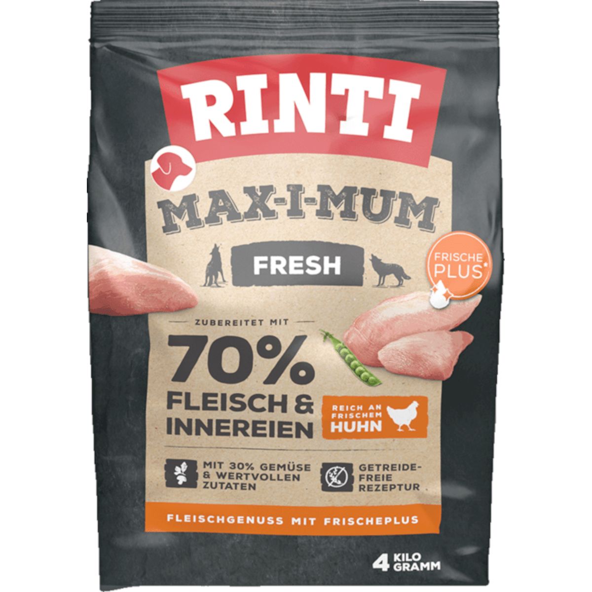 Rinti Max-i-Mum Huhn: Trockenfutterbeutel mit 70% Fleisch & Innereien, 4 kg.