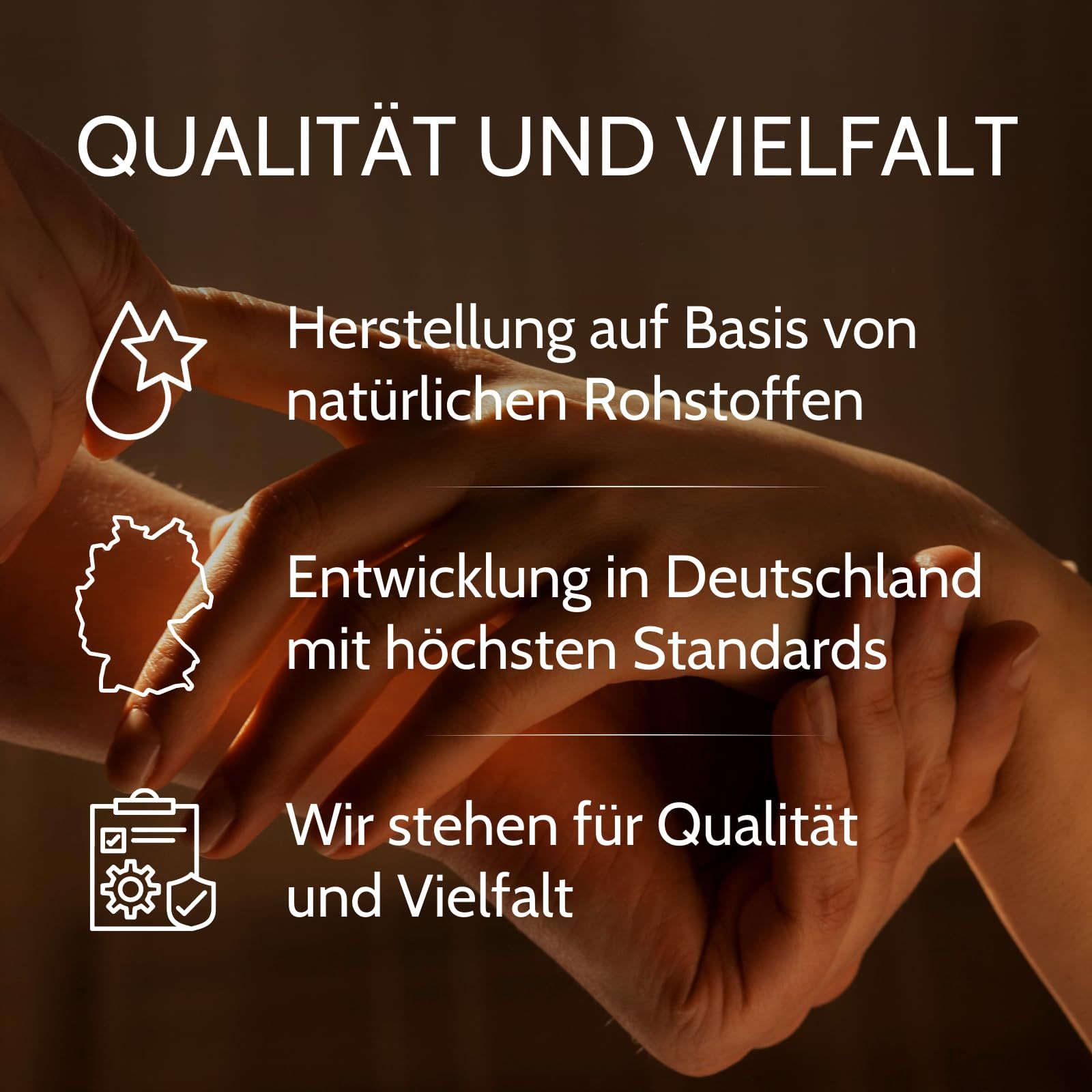 Hände massieren einen Rücken, mit Texten über Qualität und Herstellung.