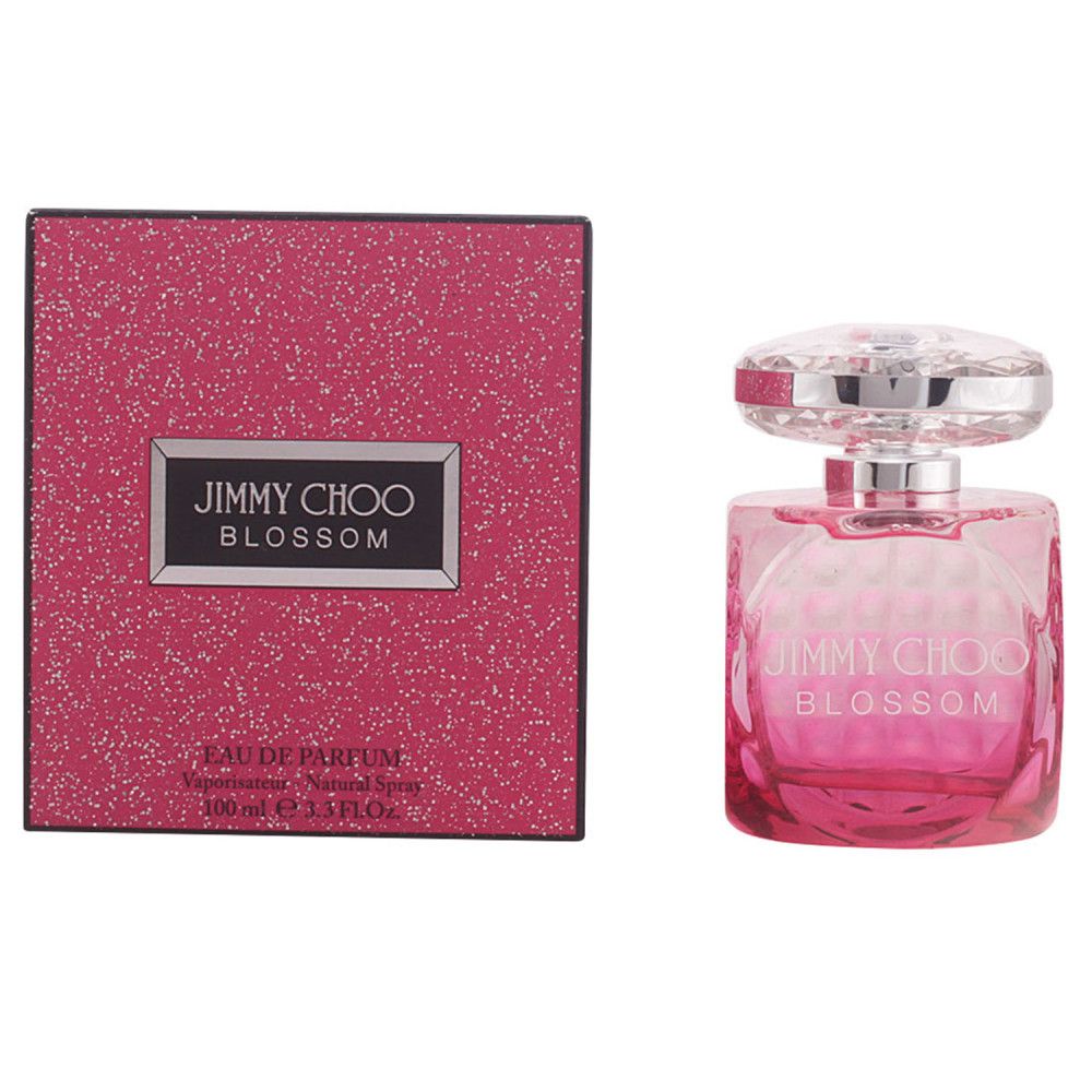 Rosa Flakon und Verpackung. Aufschrift: JIMMY CHOO BLOSSOM. Eau de Parfum. Silberner Verschluss.
