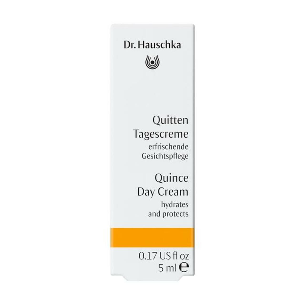 Kartonverpackung. Beschriftung: Dr. Hauschka, Quitten Tagescreme, Quince Day Cream, 0.17 US fl oz, 5 ml.