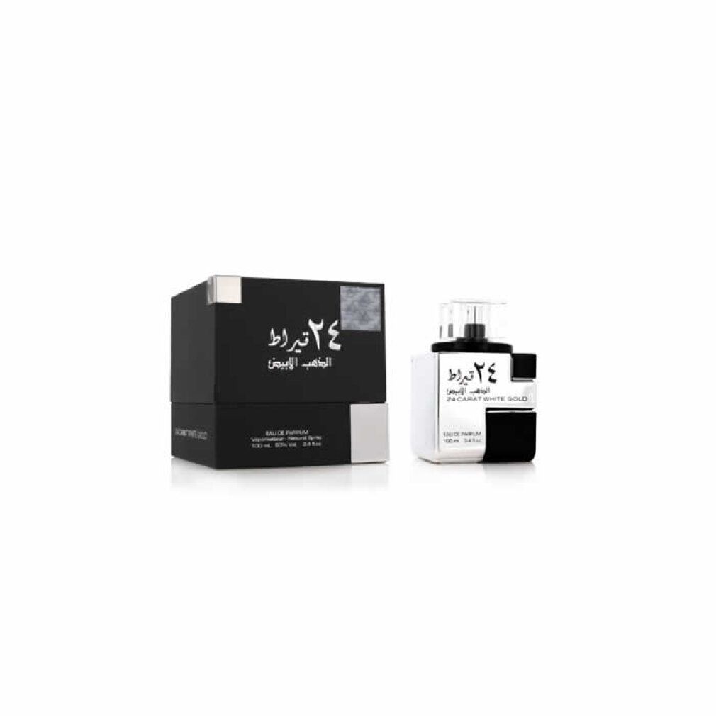 Schwarze und weiße Parfümflasche und -verpackung. Aufschrift: 24 Karat, Weißgold. Eau de Parfum. 100 ml.