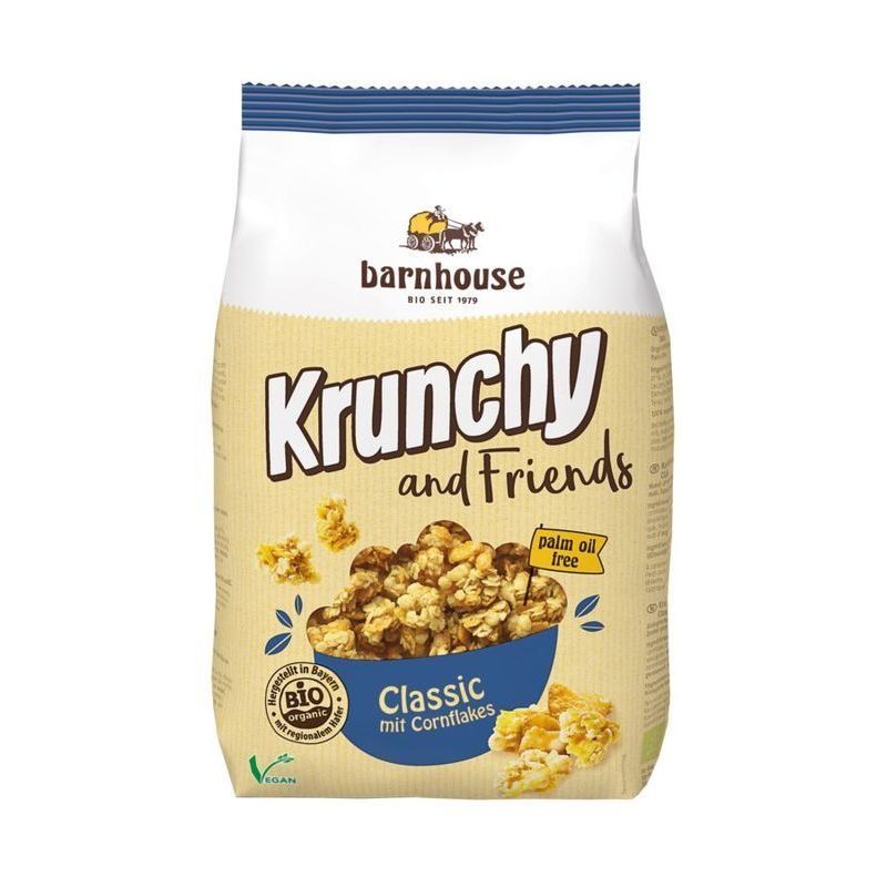 Verpackung von Krunchy and Friends Classic. Aufschrift: BIO, vegan, palmölfrei. Abbildung von Cerealien in einer blauen Schüssel.