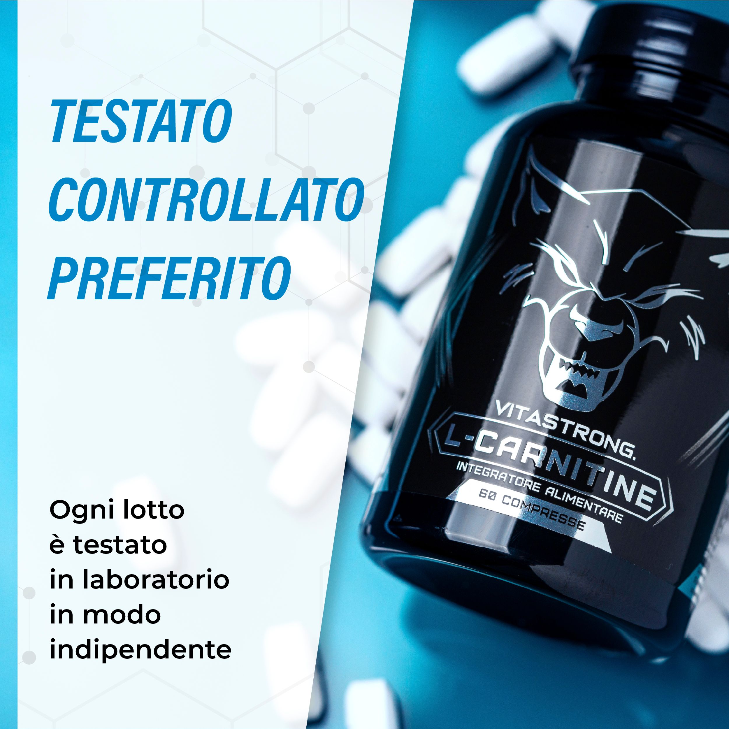 Flacone di Vitastrong L-Carnitina con 60 compresse. Testo: Testato, controllato, preferito. Test di laboratorio indipendenti.