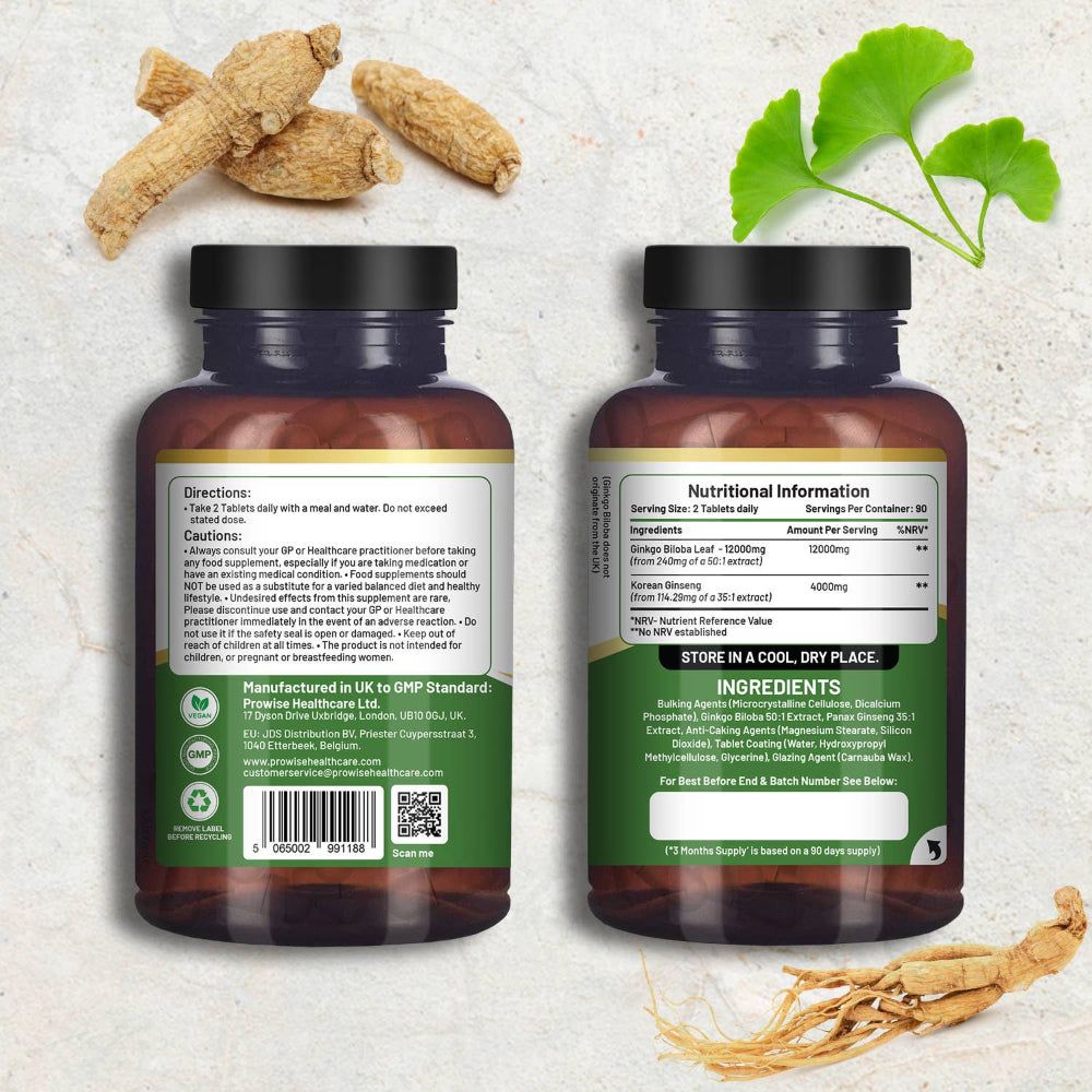 Zwei Flaschen Prowise Healthcare Ginkgo Biloba und koreanischer Ginseng. Braune Flaschen mit schwarzen Deckeln. Grün-weiße Etiketten.