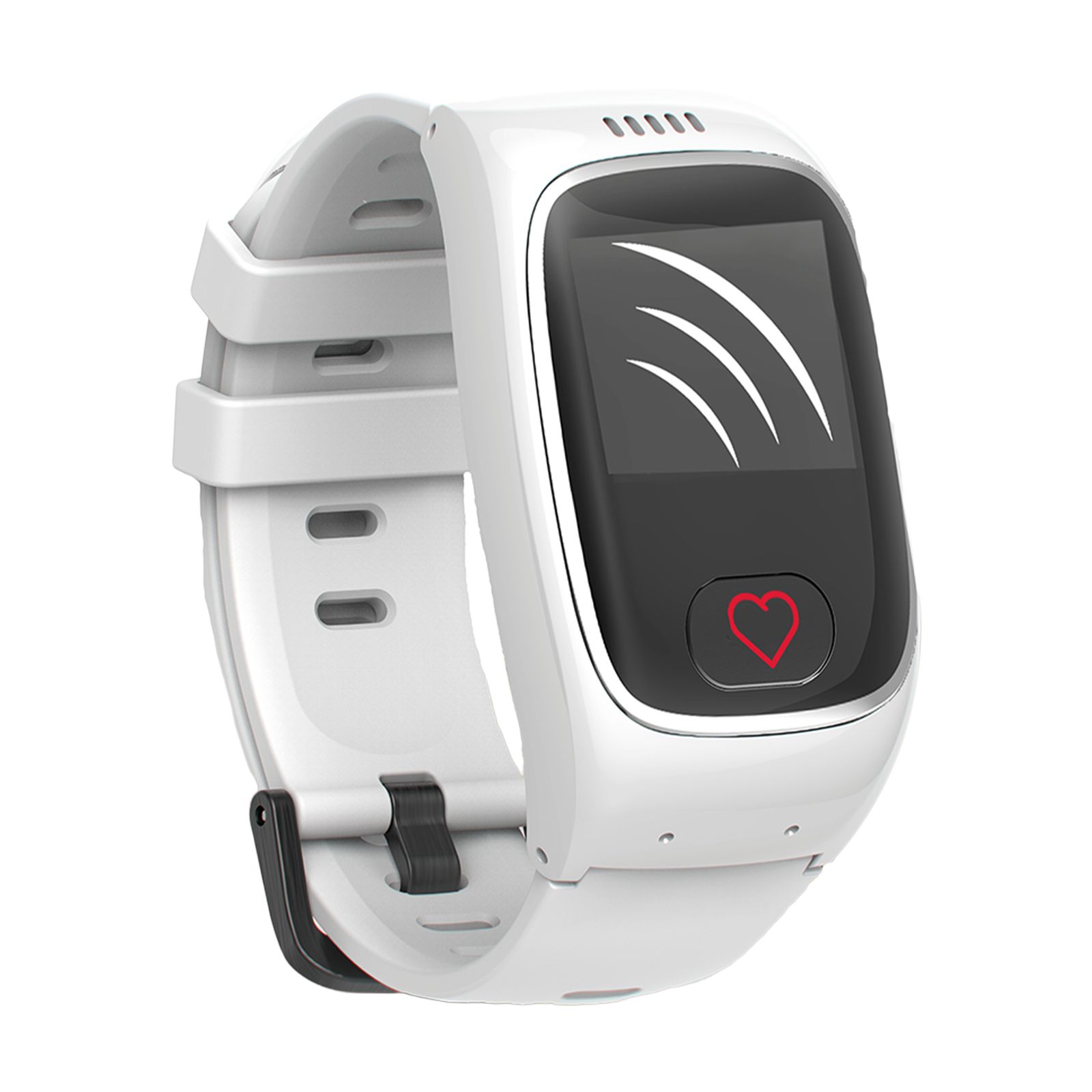 Weiße Smartwatch mit Wellensymbol und Herzsymbol.