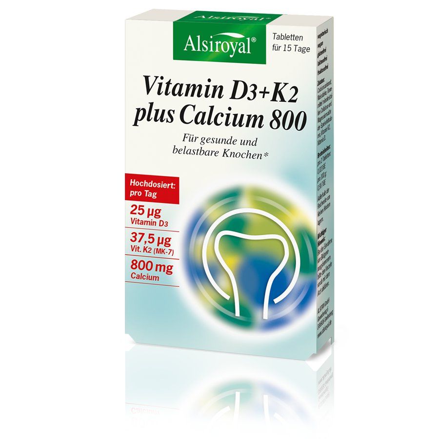 Alsiroyal Vitamin D3+K2 plus Calcium 800. Weiße Schachtel mit Produktinformationen und Knochen-Illustration. Enthält 25 µg Vitamin D3, 37,5 µg Vit. K2, 800 mg Calcium.