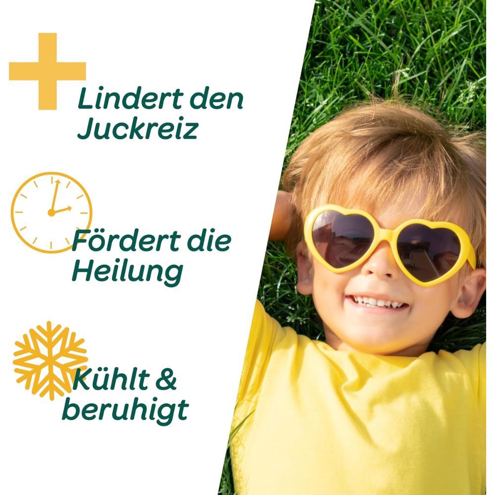 Junge mit Sonnenbrille. Text: Lindert den Juckreiz, fördert die Heilung, kühlt & beruhigt.