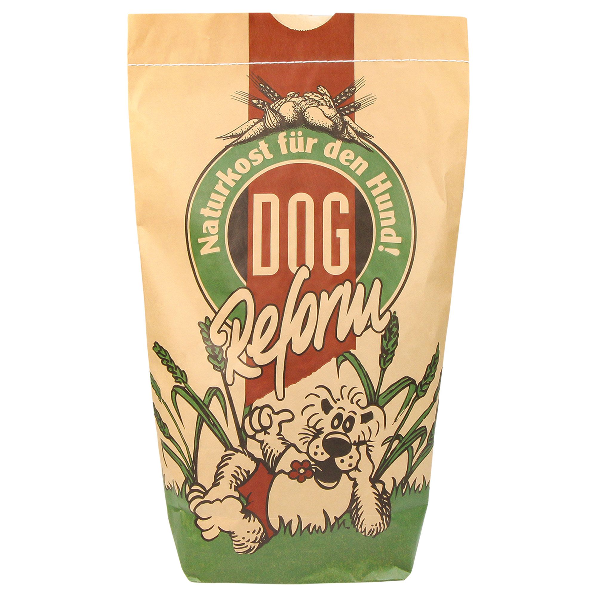 Papiertüte mit Aufdruck. Logo: DOG Reform, Naturkost für den Hund. Illustration eines Hundes.