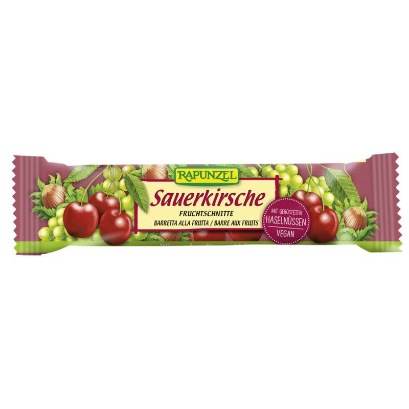Verpackung von Rapunzel Fruchtschnitte Sauerkirsche. Kirschen, Haselnüsse und Trauben auf der Verpackung. Text: Sauerkirsche, vegan.