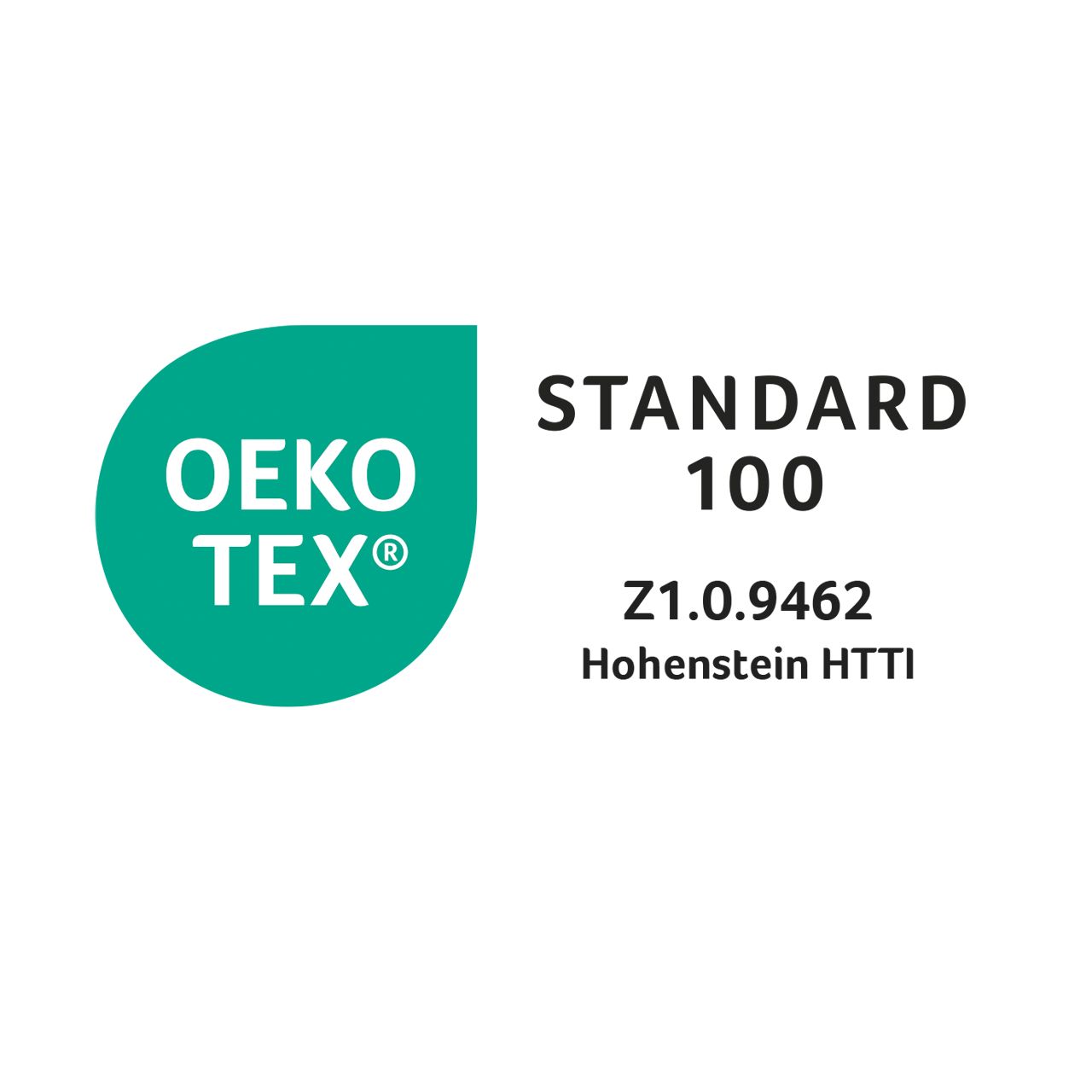 Logo: OEKO-TEX STANDARD 100. Grünes Logo mit Text und Zertifizierungsnummer.
