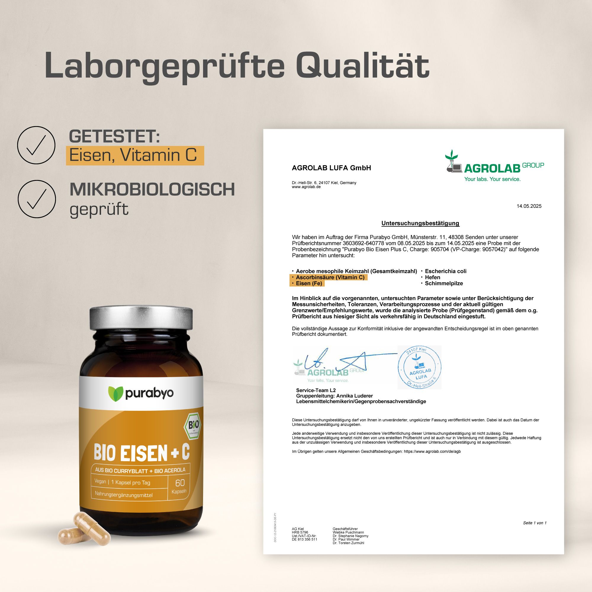 Laborgeprüfte Qualität. Flasche 'BIO EISEN + C' und Prüfbericht. Getestet auf Eisen und Vitamin C.