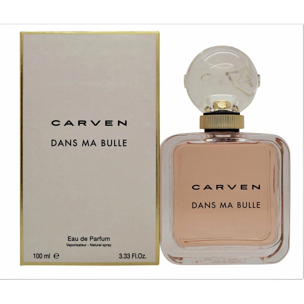 Glasflakon und Verpackung. Flakon quadratisch, rosa Inhalt, transparenter Deckel. Verpackung weiß mit goldfarbenem Rand. Schriftzug: CARVEN DANS MA BULLE.